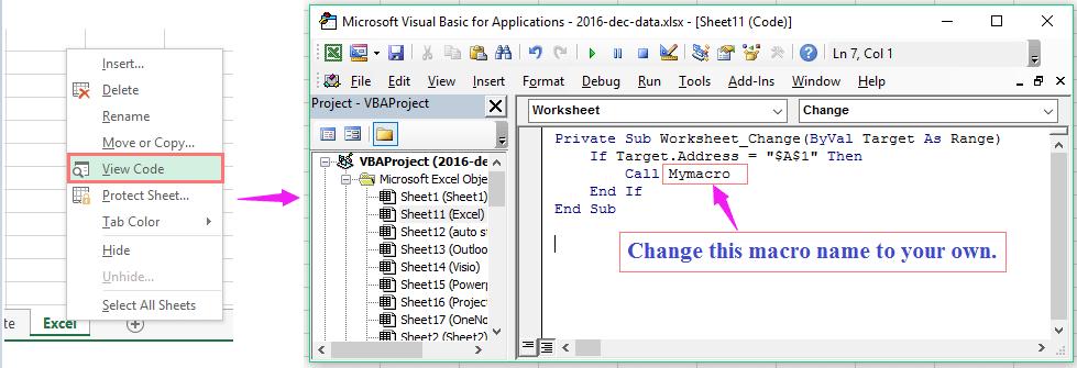Cách chạy mã macro dựa trên giá trị ô, phạm vi ô hoặc ô thay đổi trong Excel